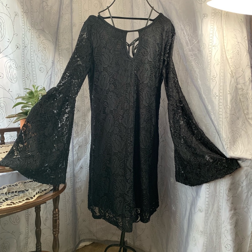 Haani Lace Overlay Dress Trumpet Sleeve Slight Stretch Witchy Goth